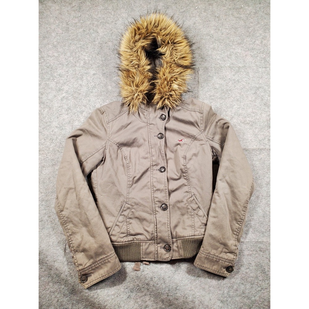 Hollister Bomber Jacket Women Size L Faux Fur Hood Plaid Lined Y2K Bella Swan